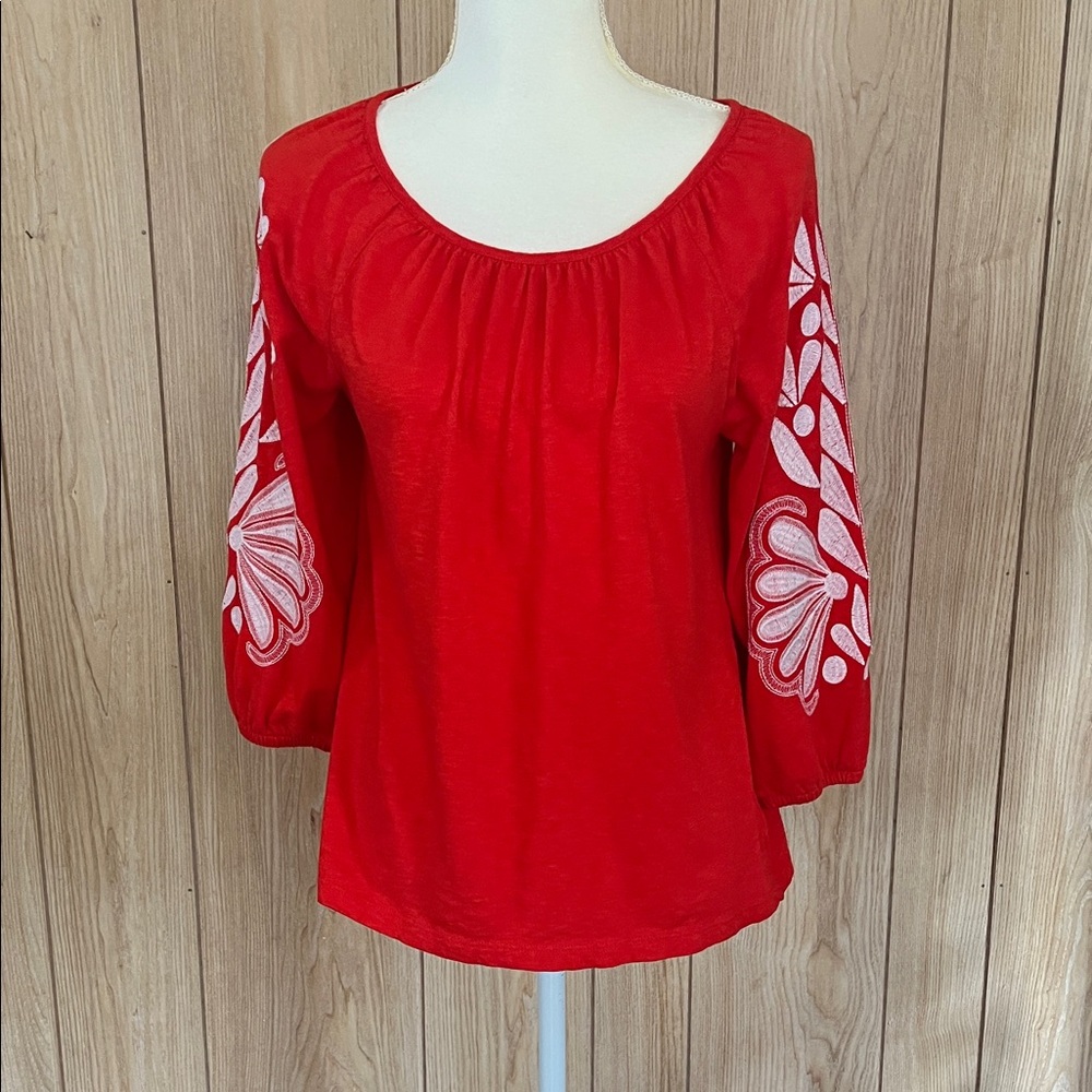 Talbots Red Blouse with White Floral Embroidery
